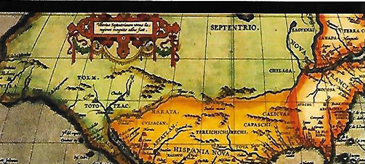 Detail from a 16th-century engraved map of Hispania Nova showing the colonial frontier between the Audiencia de Guadalajara and the Audiencia de México.