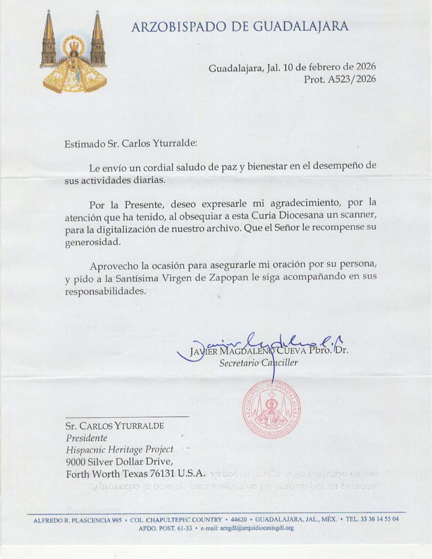 First page of Arzobispado de Guadalajara letter dated 10 February 2026