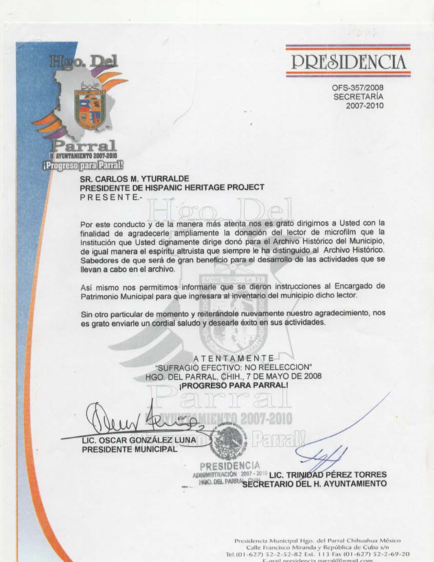 First page of Presidencia Municipal de Hidalgo del Parral letter dated 7 May 2008