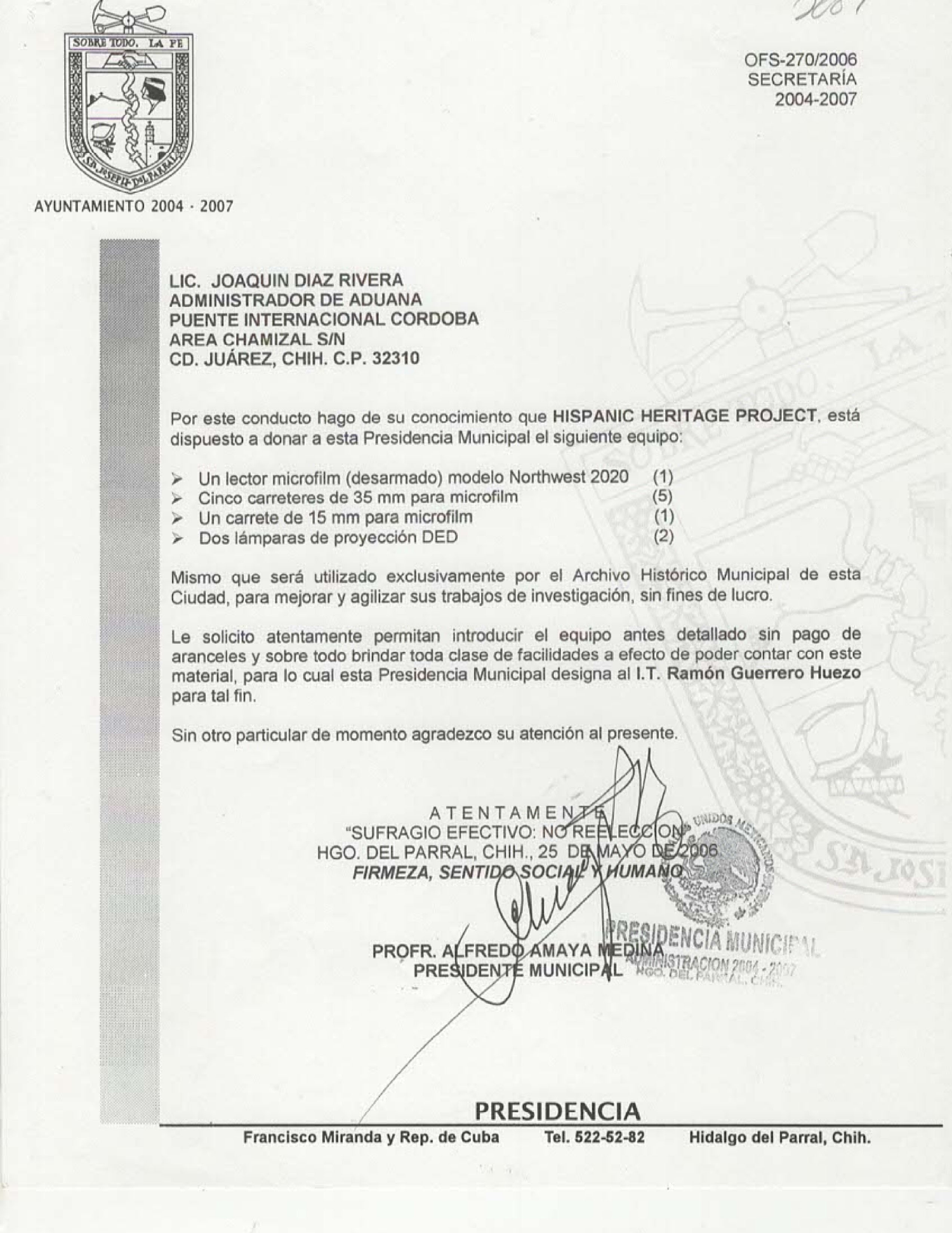 First page of Presidencia Municipal de Hidalgo del Parral letter dated 25 May 2006