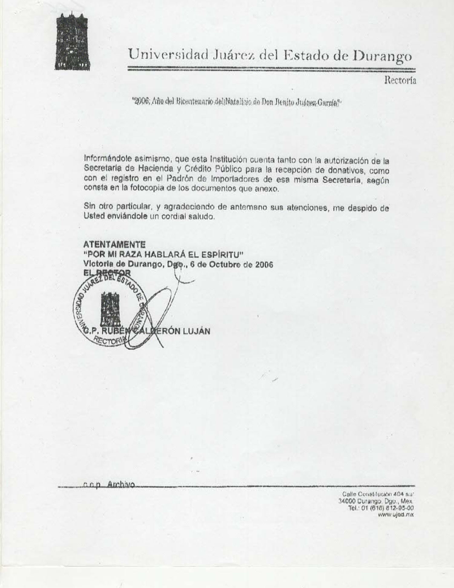 First page of Universidad Juárez del Estado de Durango (Rectoría) letter dated 6 October 2006