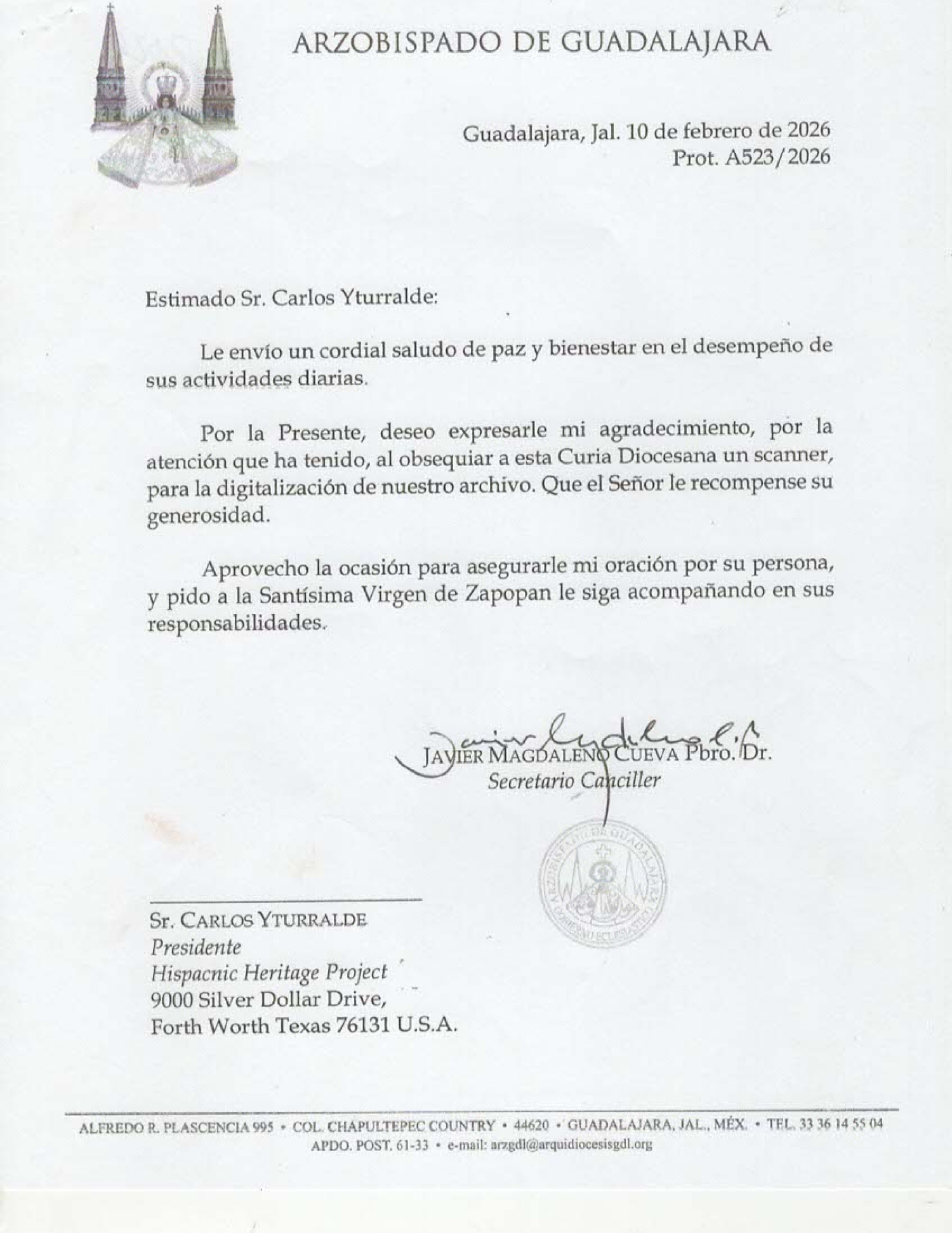 First page of Arzobispado de Guadalajara letter dated 10 February 2026