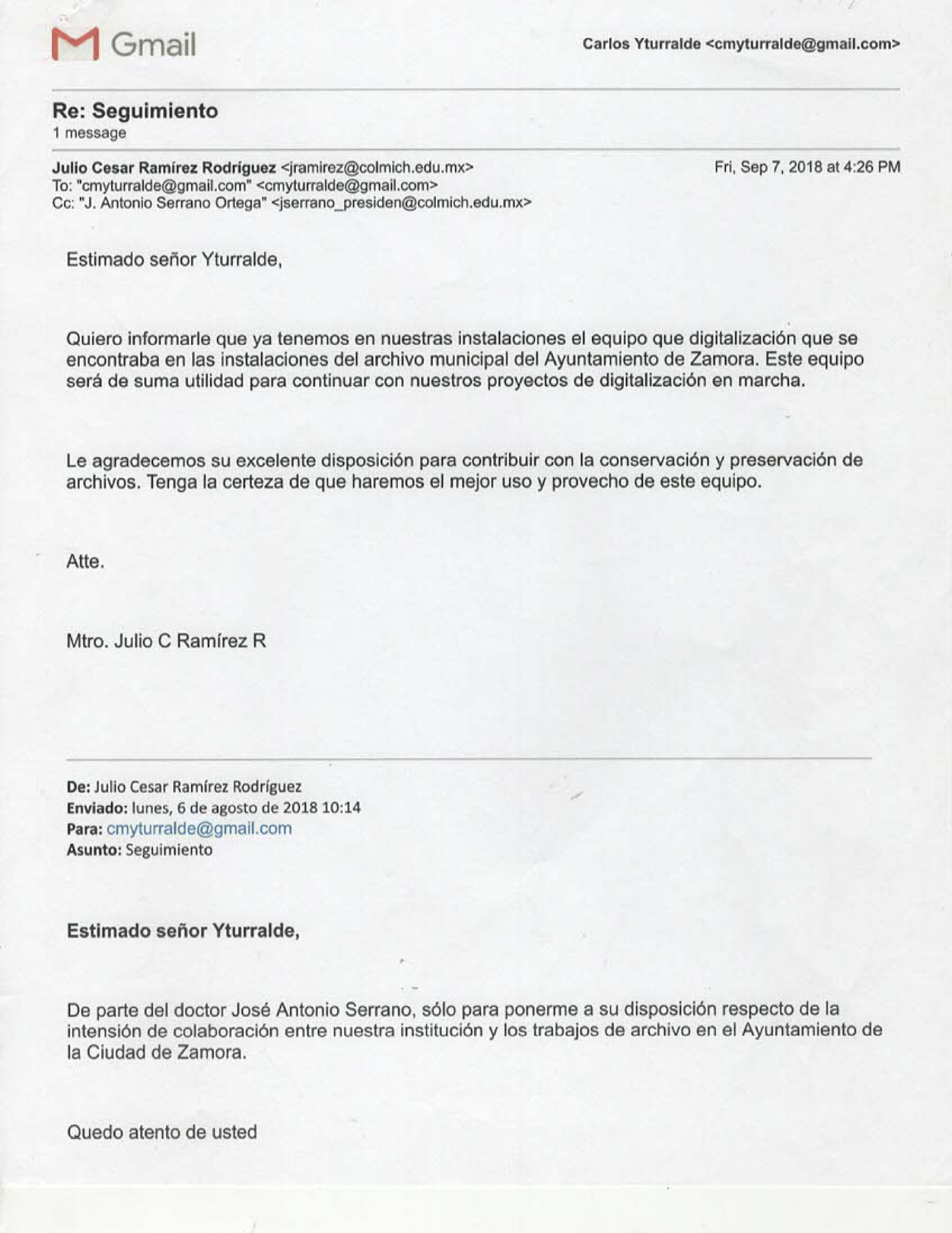 First page of El Colegio de Michoacán (proyecto Archivo Municipal de Zamora) letter dated 7 September 2018