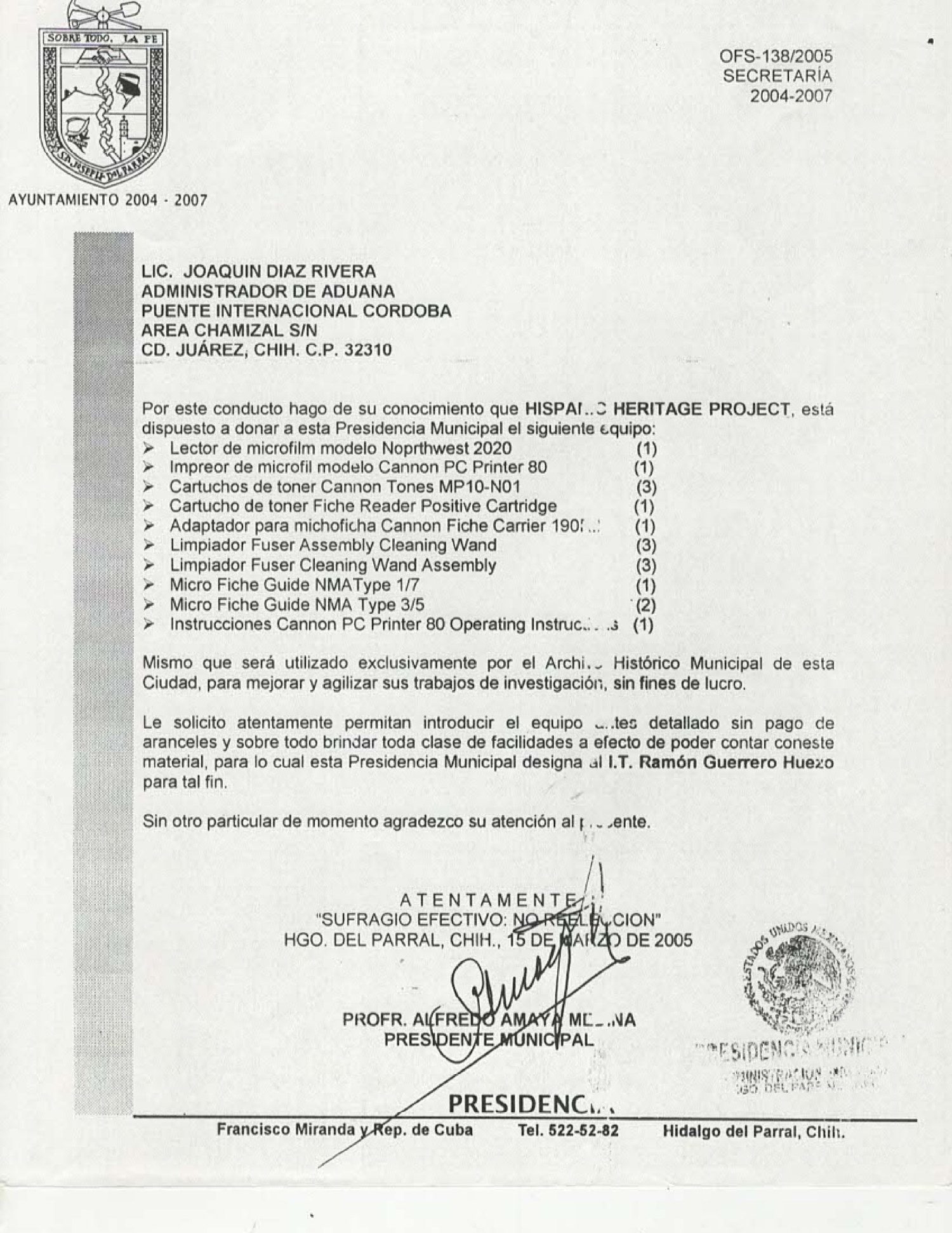 First page of Presidencia Municipal de Hidalgo del Parral letter dated 15 March 2005