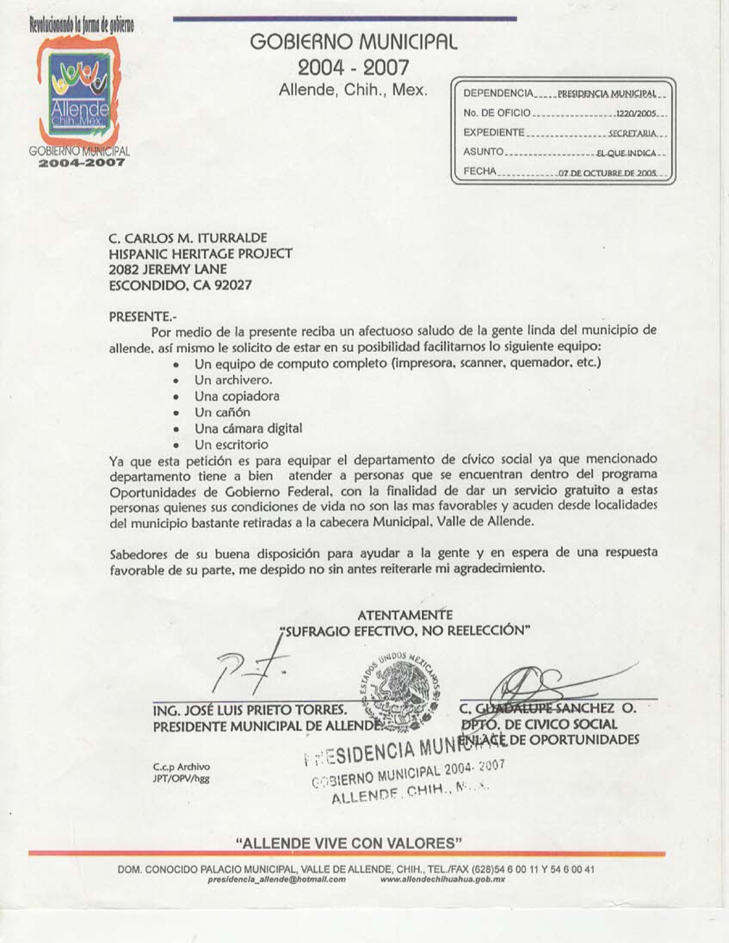 First page of Gobierno Municipal de Allende, Chih. letter dated 7 October 2005