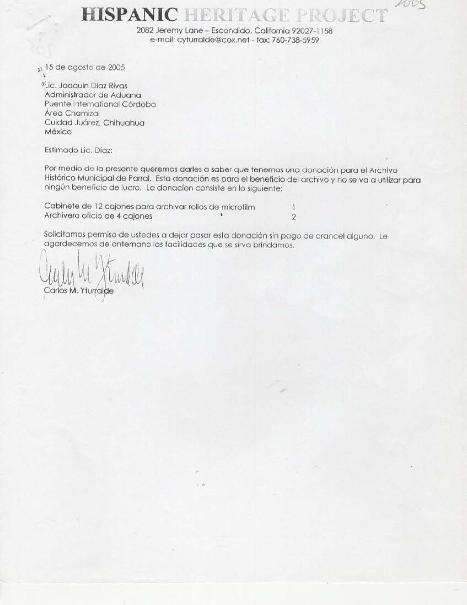 First page of Hispanic Heritage Project (Carlos M. Yturralde) letter dated 15 August 2005