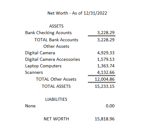 Net worth snapshot for the year 2022, presented as a tabular summary.